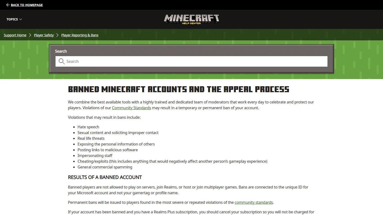 Minecraft Help Center page on banned Minecraft accounts, the Mojang ban a banned MFA Minecraft account does not have