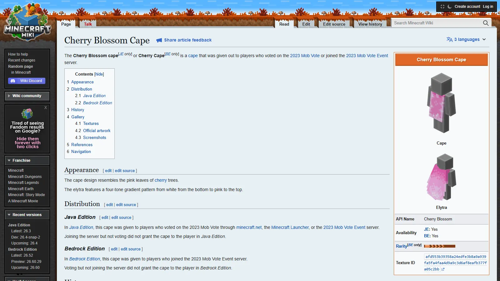 Minecraft Wiki page for the Cherry Blossom cape, showing the pink cape and matching elytra renders