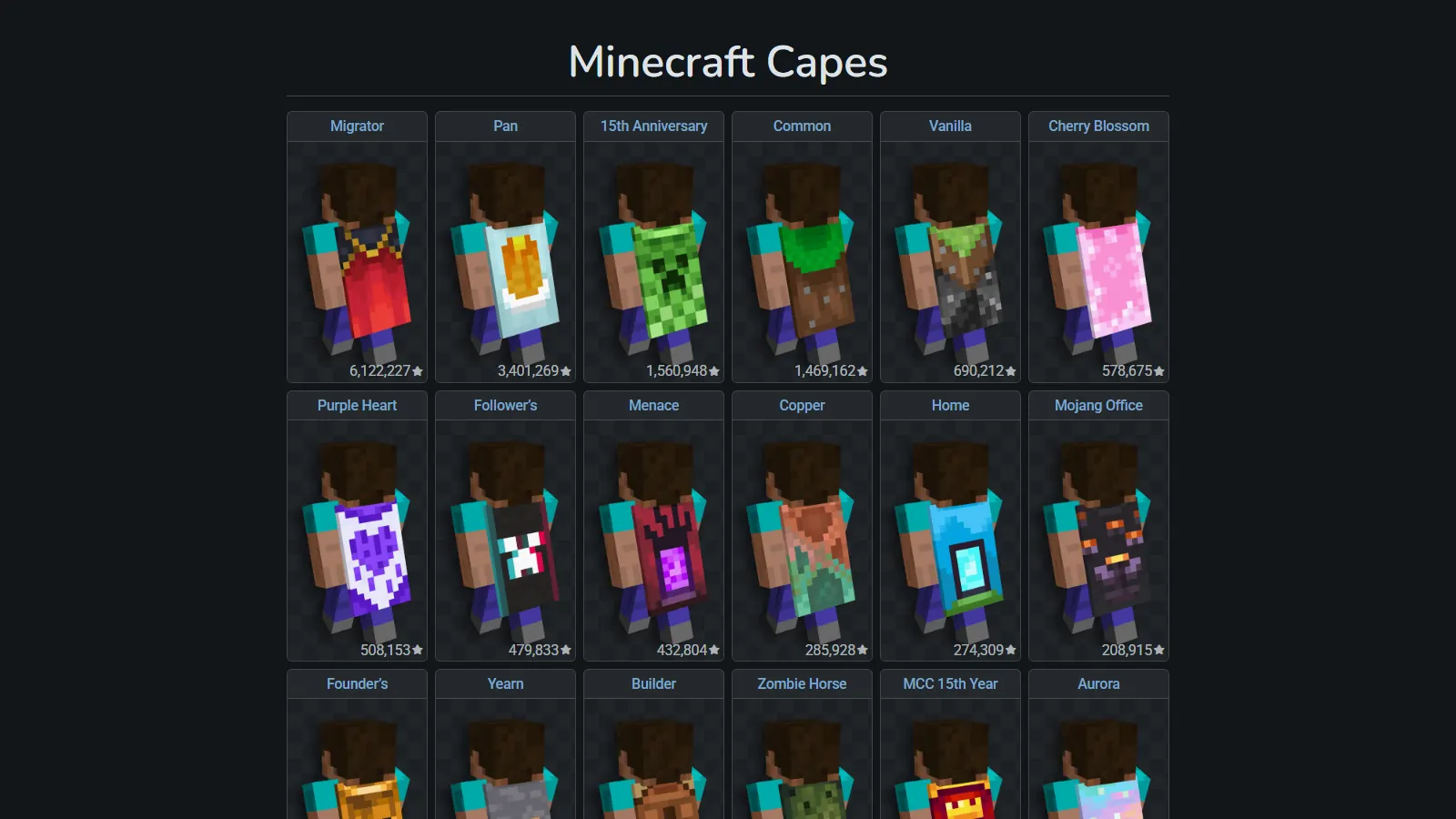 NameMC capes page listing official Minecraft capes, a common place to check capes on a Minecraft account