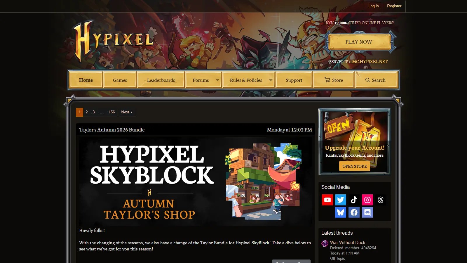 Hypixel ranks explained: hypixel.net homepage with the Upgrade your Account ranks store banner