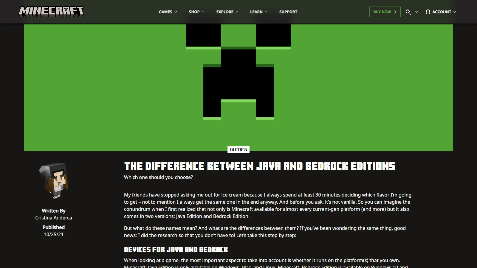 Minecraft.net guide on the difference between Java and Bedrock editions, Java vs Bedrock Minecraft accounts