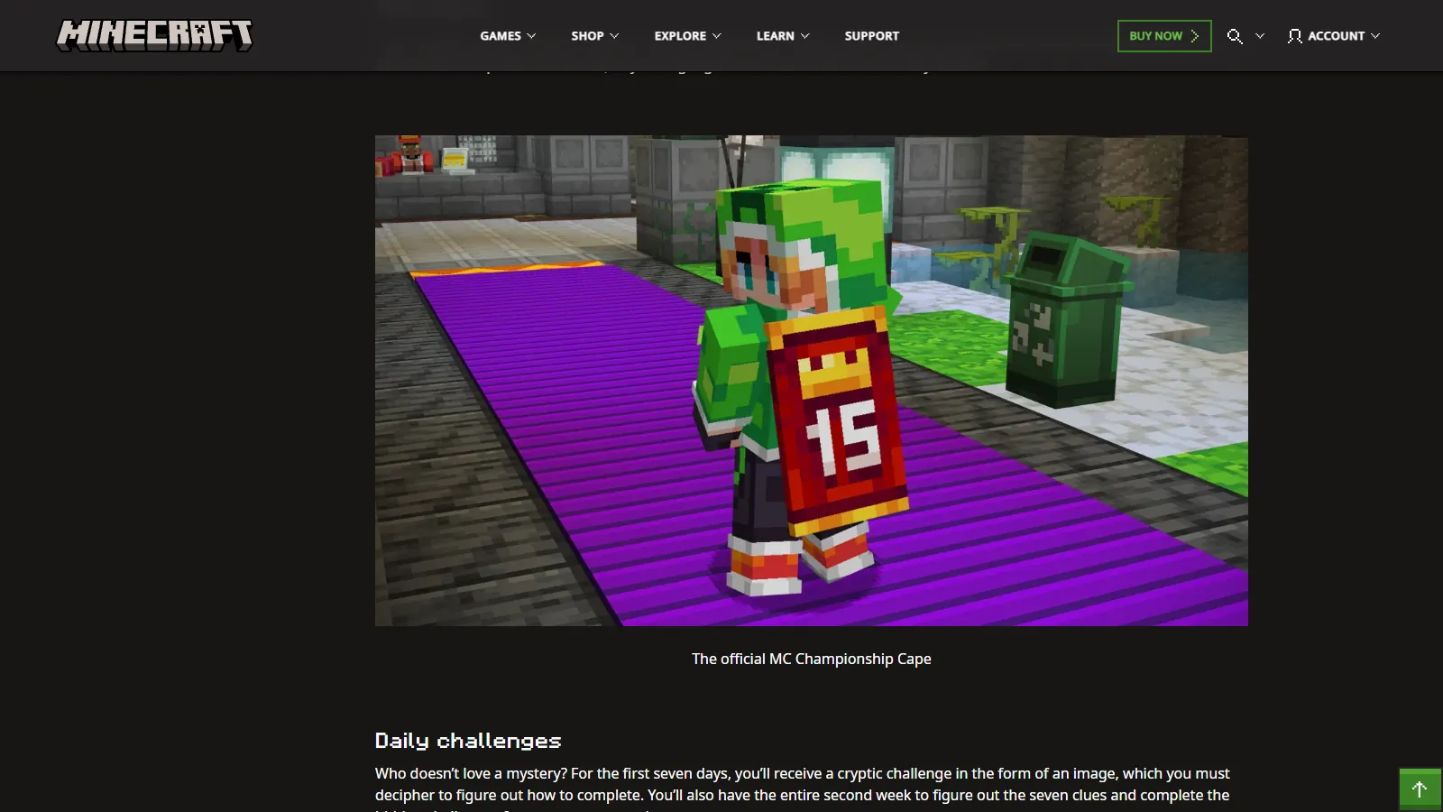 MCC 15th Year Cape (MC Championship Cape) on a player in the official Minecraft.net MCC Party announcement