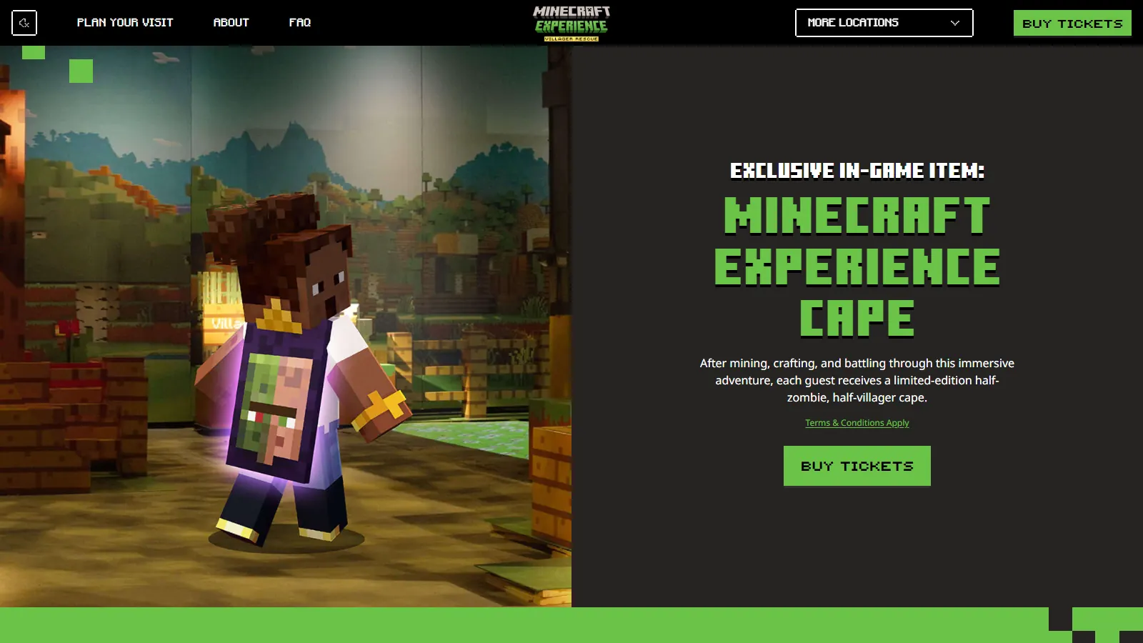 Official Minecraft Experience page promoting the Minecraft Experience Cape, a half-zombie, half-villager cape given to guests
