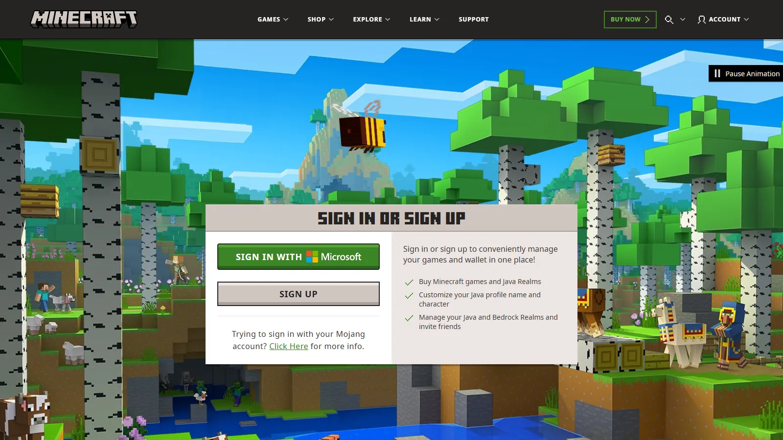 Minecraft.net sign-in page with Sign in with Microsoft, the login used by every Minecraft MFA account