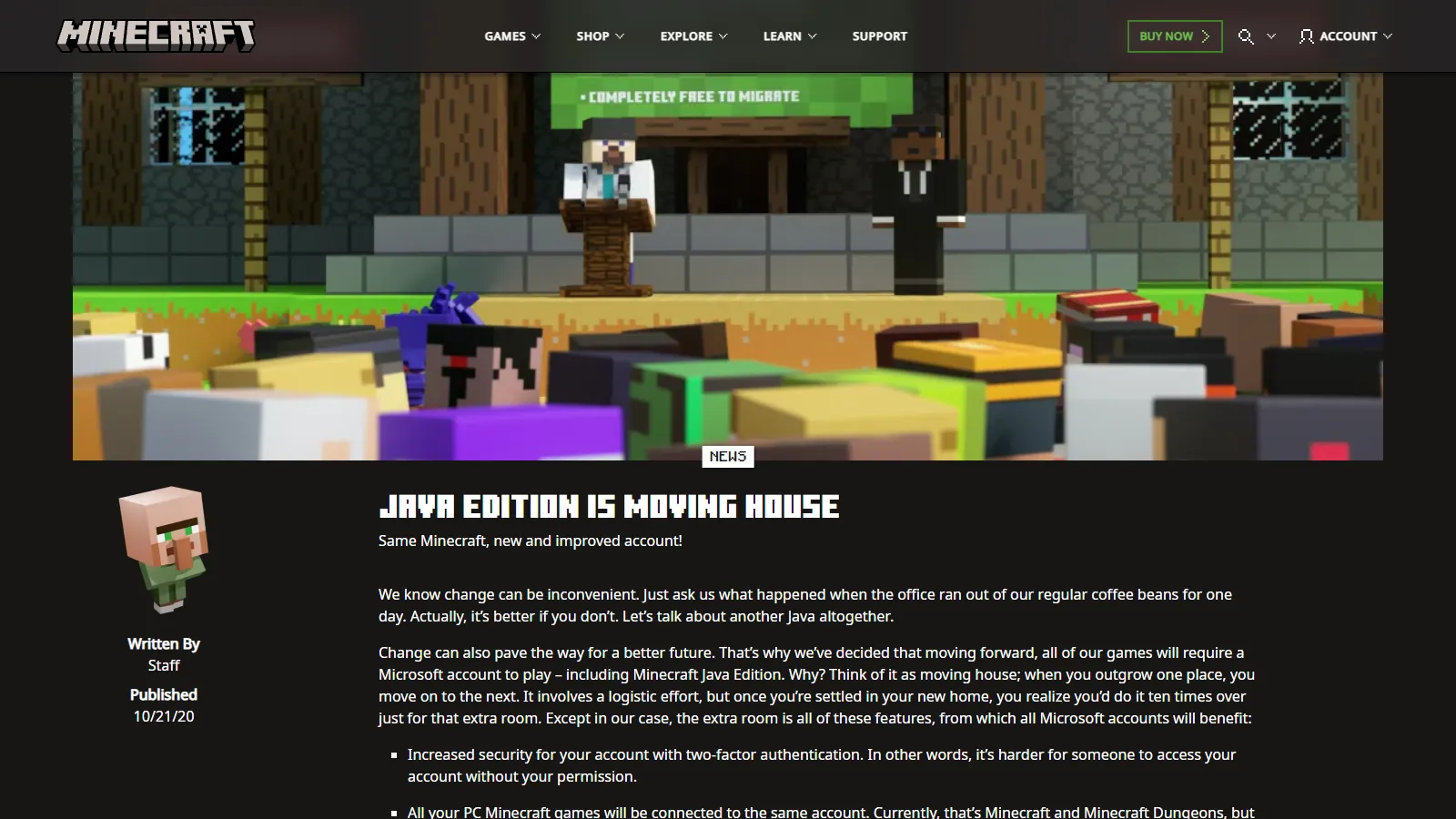 Minecraft.net "Java Edition is moving house" article about Mojang account migration to Microsoft accounts