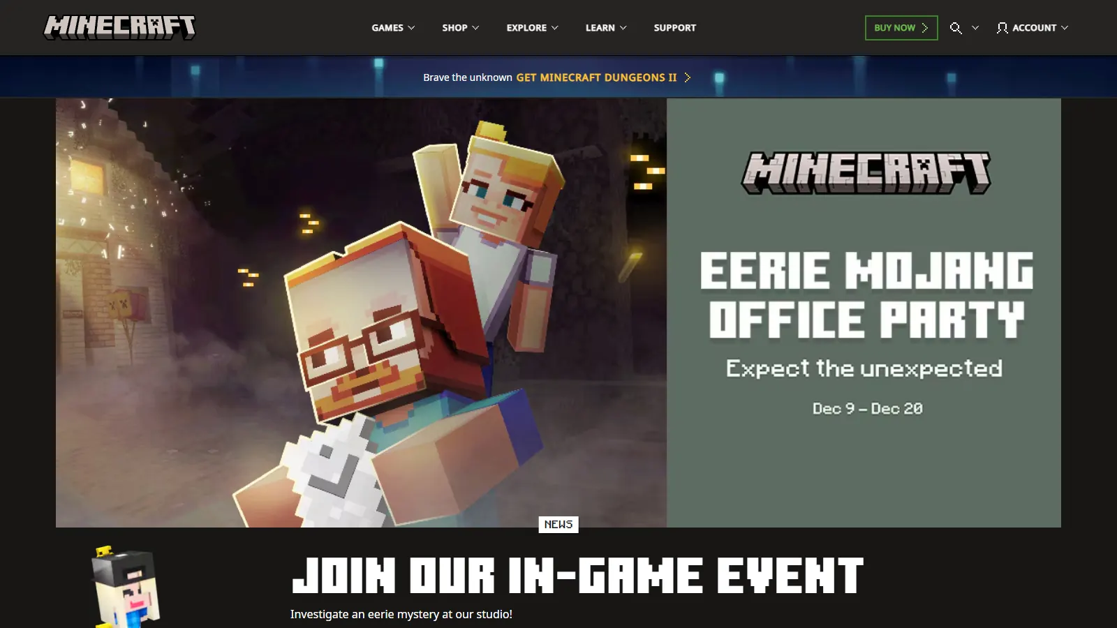 Minecraft.net banner for the Eerie Mojang Office Party, the Bedrock event that awarded the Mojang Office cape