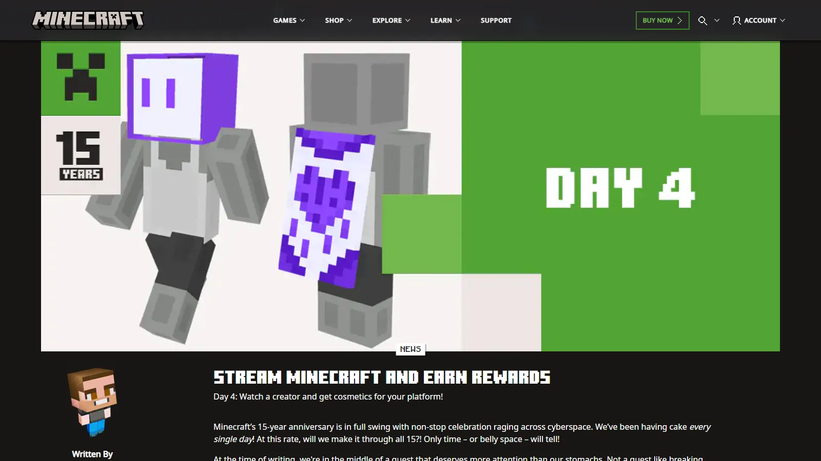 Minecraft.net 15th anniversary stream rewards article showing the Purple Heart Cape from the Twitch promotion