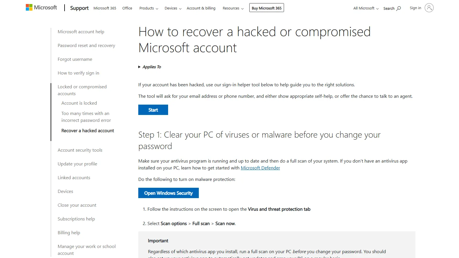 Microsoft Support guide to recover a hacked or compromised Microsoft account behind a Minecraft login